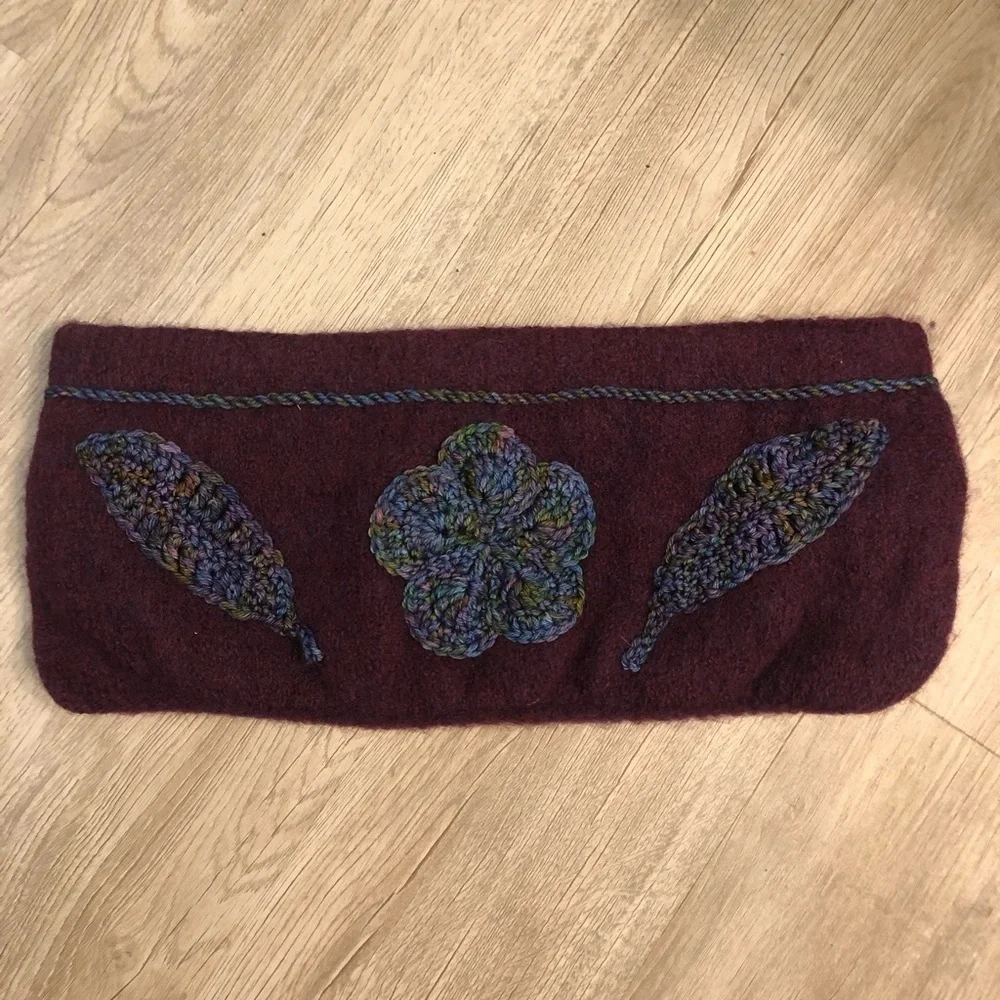 Wool Felted Bag Clutch Crochet Floral Trim Lined Purple Snap Closure
